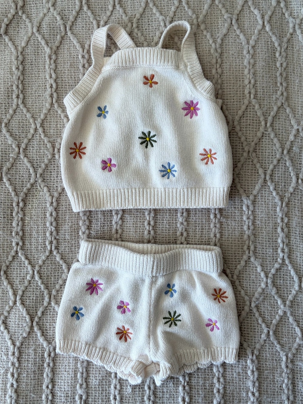 Old Navy Cream Knit Tank & Shorts Set with Multicolor Floral Embroidery
